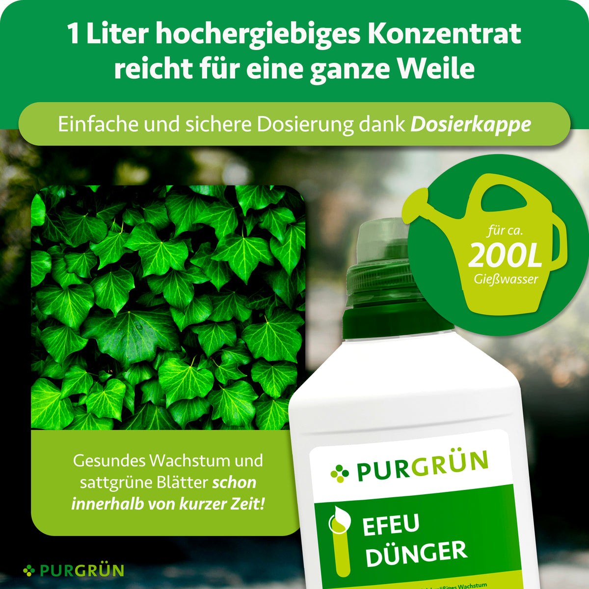 1 Liter Konzentrat reicht für ca. 200 Liter Gießwasser und lässt sich mit der Dosierkappe einfach und sicher dosieren.