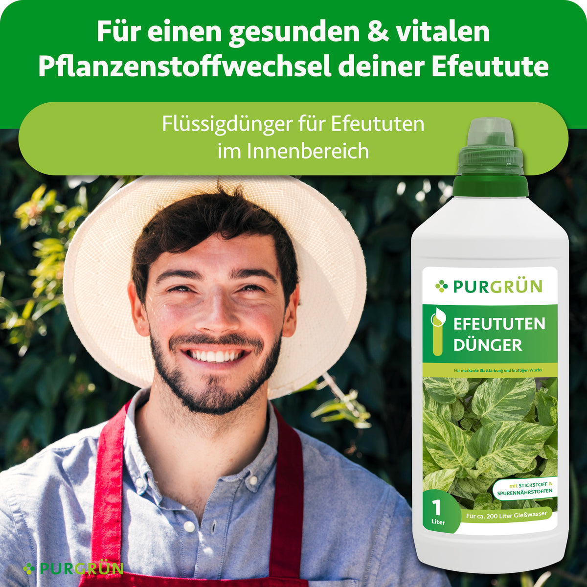 Purgrün Efeututen-Dünger 1 Liter neben einem Gärtner; Flüssigdünger für Efeututen im Innenbereich und einen gesunden, vitalen Pflanzenstoffwechsel.