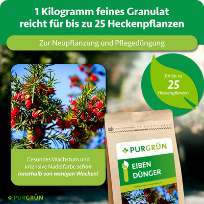 1 kg feines Granulat reicht zur Neu- und Pflegepflanzung für bis zu 25 Heckenpflanzen. Es fördert gesundes Wachstum und intensive Nadelfarbe innerhalb weniger Wochen.