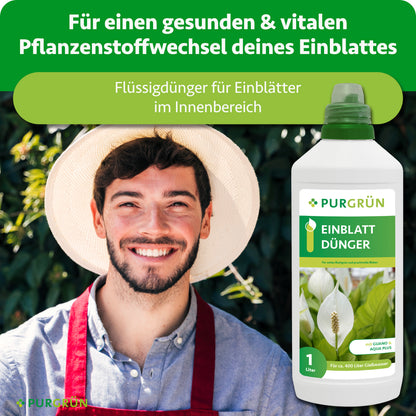 Flüssigdünger für Einblätter im Innenbereich, dargestellt neben einem lächelnden Gärtner, für einen gesunden und vitalen Pflanzenstoffwechsel.