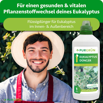 Flüssigdünger für Eukalyptus im Innen- und Außenbereich, beworben für einen gesunden und vitalen Pflanzenstoffwechsel.