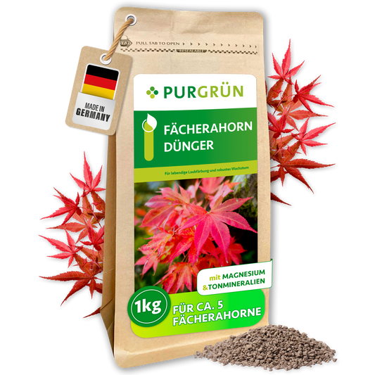 Purgrün Fächerahorn-Dünger im 1-kg-Standbeutel mit roten Ahornblättern und feinem Granulat.