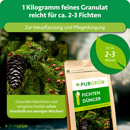 1 kg feines Granulat reicht zur Neupflanzung und Pflegedüngung von ca. 2-3 Fichten; sattgrüne Nadeln werden innerhalb weniger Wochen versprochen.