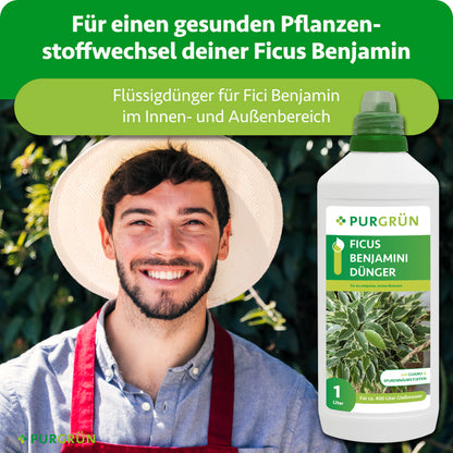Ficus-Benjamini-Dünger für einen gesunden Pflanzenstoffwechsel im Innen- und Außenbereich, gezeigt neben einem lächelnden Gärtner.