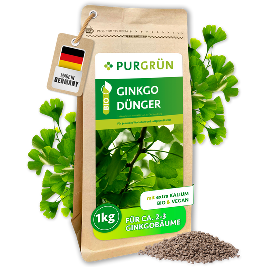 Purgrün Bio-Ginkgo-Dünger im 1-kg-Standbeutel mit Ginkgoblättern und Granulat, ausreichend für ca. 2–3 Ginkgobäume.