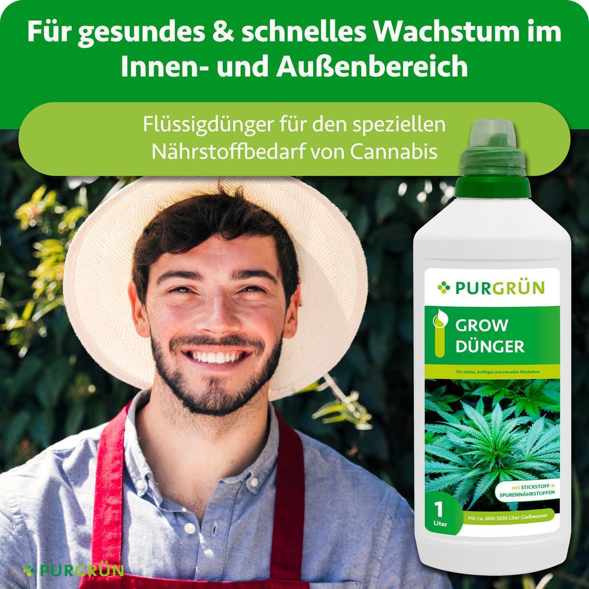 Ein bärtiger Mann mit roter Mütze steht neben einer Flasche Purgrün Cannabis Grow-Dünger 1 Liter, der ein gesundes, schnelles Wachstum von Zimmer- und Freilandpflanzen mit optimalen Nährstoffen während der Wachstumsphase unterstützt.