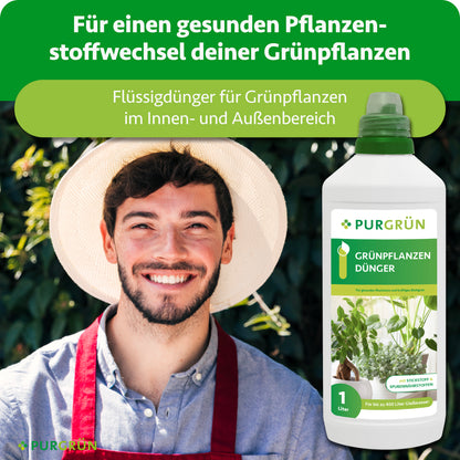Flüssigdünger für Grünpflanzen im Innen- und Außenbereich, laut Grafik für einen gesunden Pflanzenstoffwechsel.