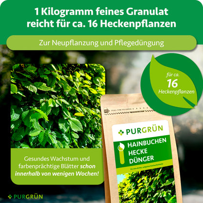 1 kg feines Granulat reicht für ca. 16 Heckenpflanzen und eignet sich zur Neupflanzung sowie Pflegedüngung.