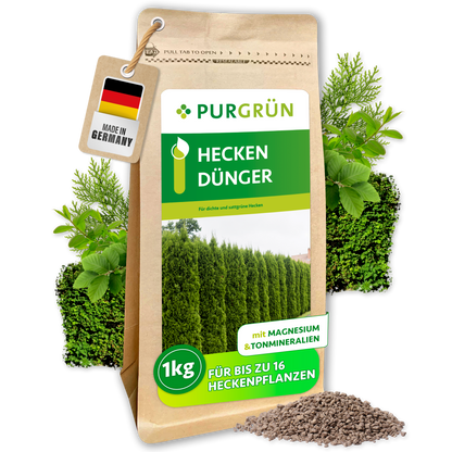 Purgrün Heckendünger im 1-kg-Beutel mit Magnesium und Tonmineralien, ausreichend für bis zu 16 Heckenpflanzen.