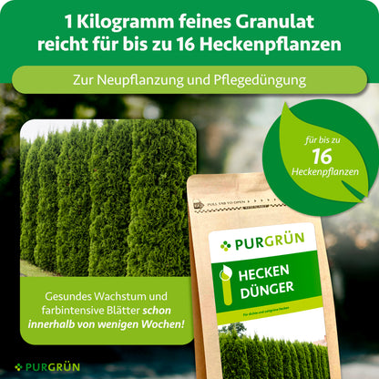 1 kg feines Granulat reicht bei Neu- und Pflegepflanzungen für bis zu 16 Heckenpflanzen und fördert farbintensive Blätter innerhalb weniger Wochen.