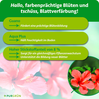 Guano fördert die Blütenbildung, Aqua Plus hält Feuchtigkeit im Boden. 8 % Stickstoff unterstützen gleichmäßiges Wachstum und die Bildung neuer Blätter.
