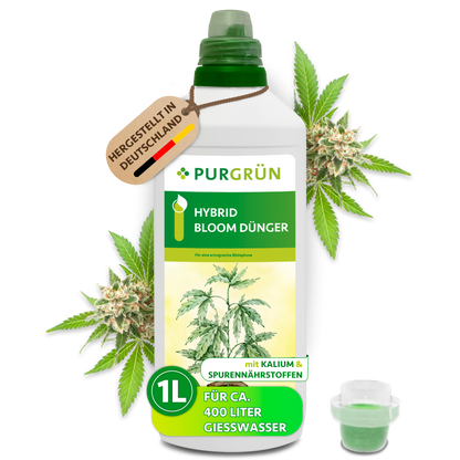 1-Liter-Flasche Purgrün Hybrid-Bloom-Dünger mit Dosierkappe, Cannabisblüten und Anhänger „Hergestellt in Deutschland“.