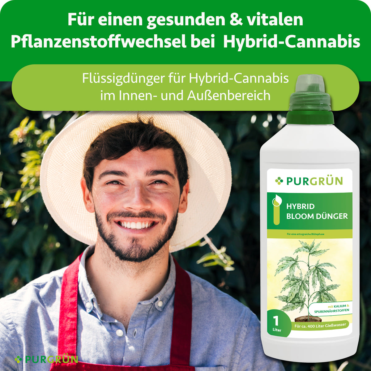 Lächelnder Gärtner neben dem 1-Liter-Hybrid-Bloom-Dünger für Hybrid-Cannabis im Innen- und Außenbereich.
