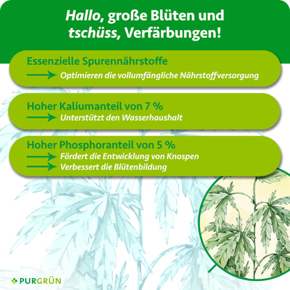 Essenzielle Spurennährstoffe optimieren die Nährstoffversorgung; 7 % Kalium unterstützen den Wasserhaushalt, 5 % Phosphor fördern Knospenentwicklung und Blütenbildung.