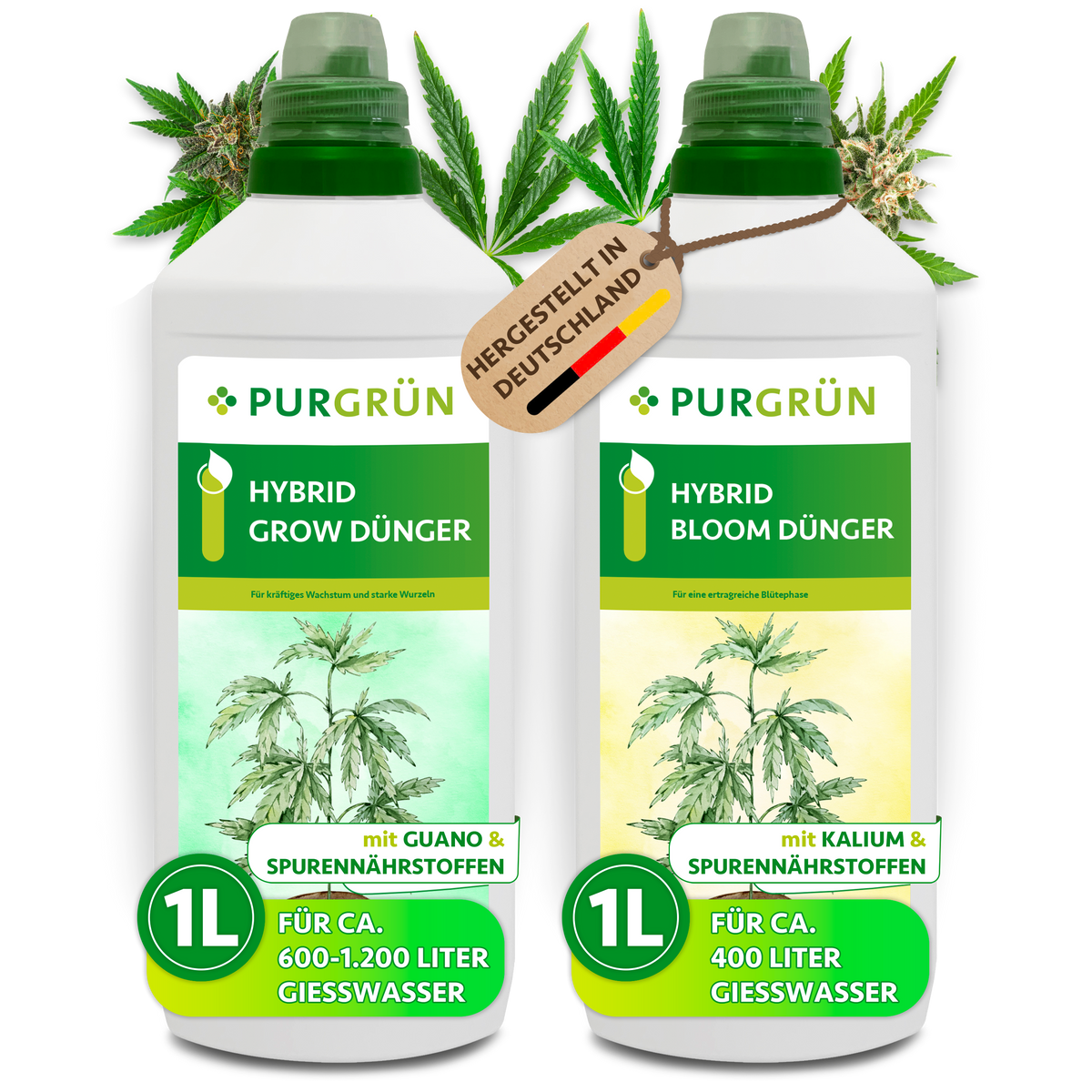 Purgrün Hybrid-Dünger-Set mit je 1 Liter Grow- und Bloom-Dünger, Dosierkappen und Cannabisblättern.