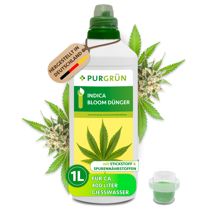 Purgrün Indica-Bloom-Dünger in der 1-Liter-Flasche mit Dosierkappe; das Konzentrat reicht laut Etikett für ca. 400 Liter Gießwasser.