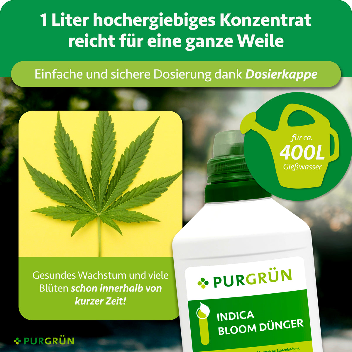 1 Liter hochergiebiges Konzentrat mit Dosierkappe reicht laut Grafik für ca. 400 Liter Gießwasser.
