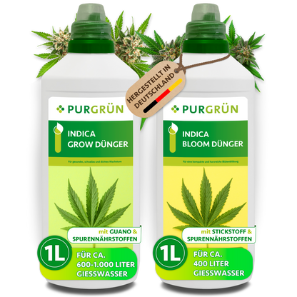 Indica-Dünger-Set mit je 1 Liter Grow- und Bloom-Dünger, beide Flaschen mit Dosierkappe.