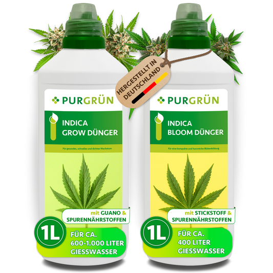 Indica-Dünger-Set mit je 1 Liter Grow- und Bloom-Dünger, beide Flaschen mit Dosierkappe.