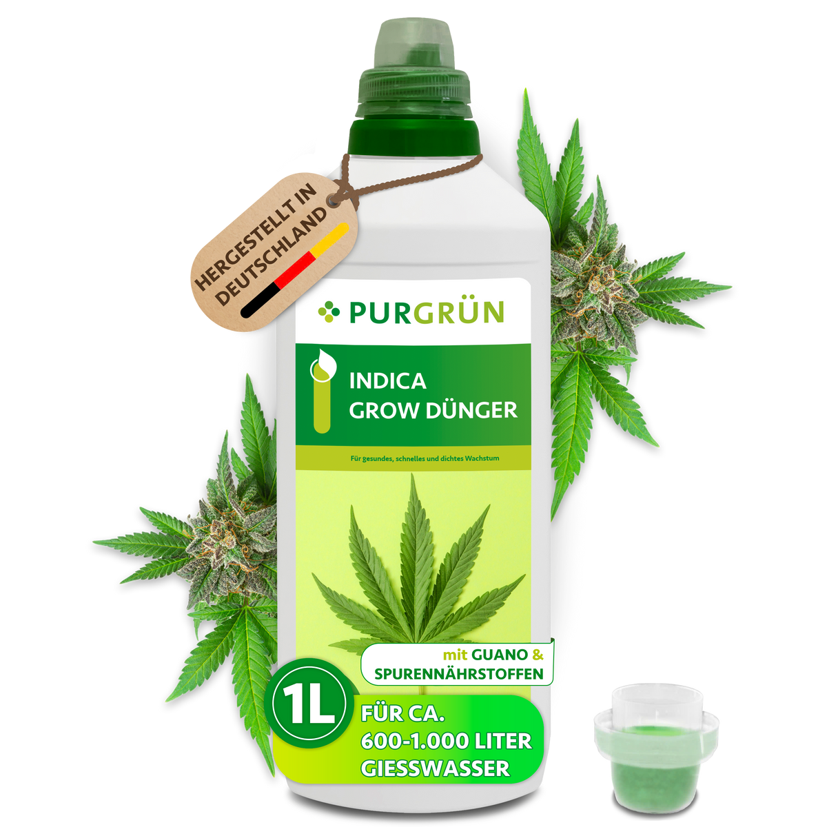 Purgrün Indica-Grow-Dünger in der 1-Liter-Flasche mit Dosierkappe, Guano und Spurennährstoffen; ausreichend für ca. 600–1.000 Liter Gießwasser.