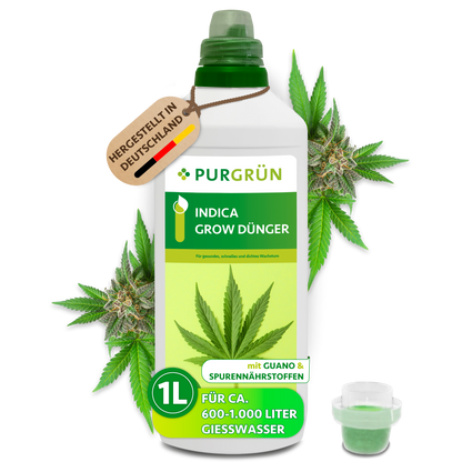 Purgrün Indica-Grow-Dünger in der 1-Liter-Flasche mit Dosierkappe, Guano und Spurennährstoffen; ausreichend für ca. 600–1.000 Liter Gießwasser.