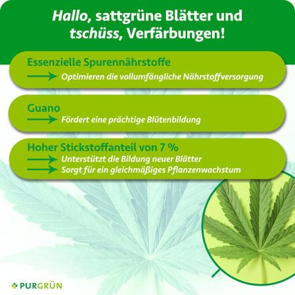 Essenzielle Spurennährstoffe optimieren die Nährstoffversorgung, Guano fördert die Blütenbildung und 7 % Stickstoff unterstützen neue Blätter sowie gleichmäßiges Wachstum.