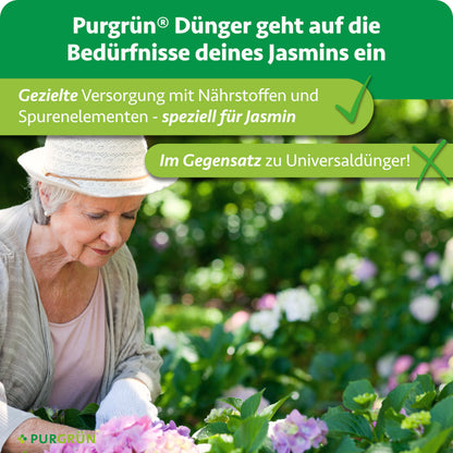 Purgrün Jasmin-Dünger versorgt Jasmin gezielt mit Nährstoffen und Spurenelementen – im Gegensatz zu Universaldünger.