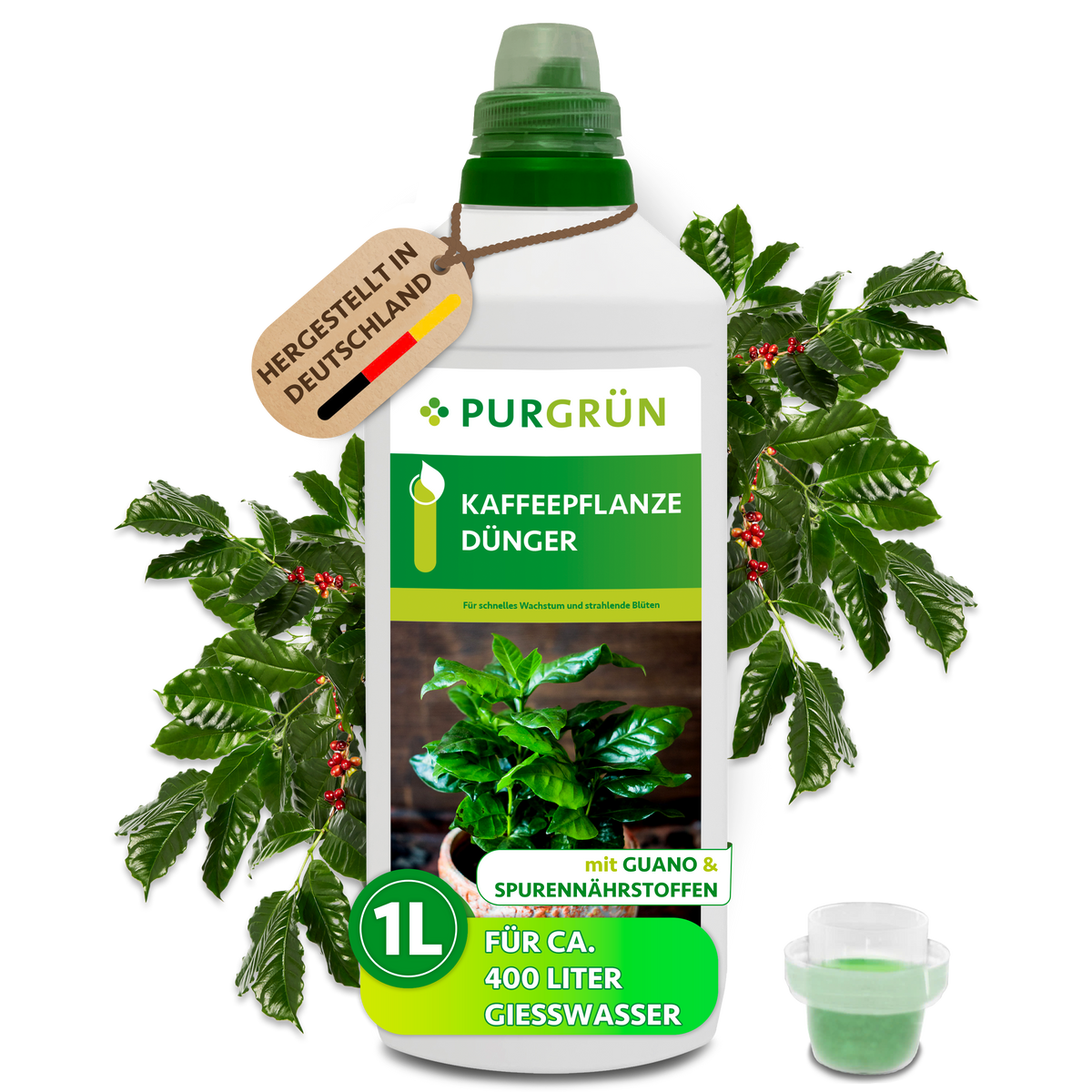 Purgrün Kaffeepflanze-Dünger, 1 Liter, mit Dosierkappe; das Konzentrat reicht für ca. 400 Liter Gießwasser.