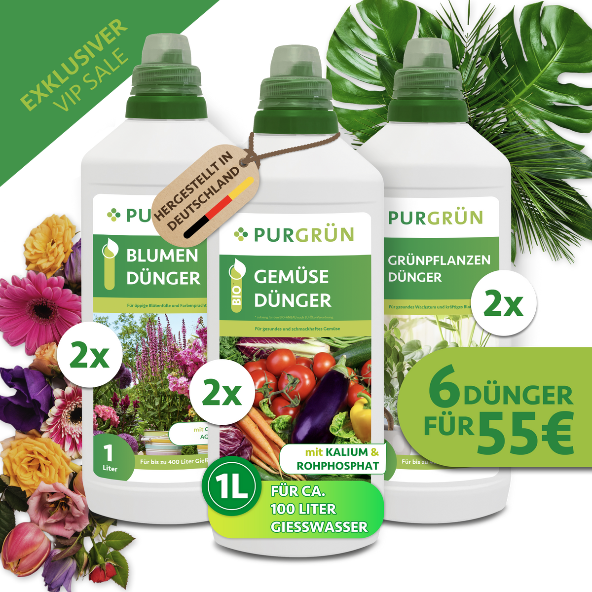 Klassiker-Mix mit je zwei 1-Liter-Flaschen Blumen-, Grünpflanzen- und Bio-Gemüsedünger; sechs Dünger für 55 €, hergestellt in Deutschland.
