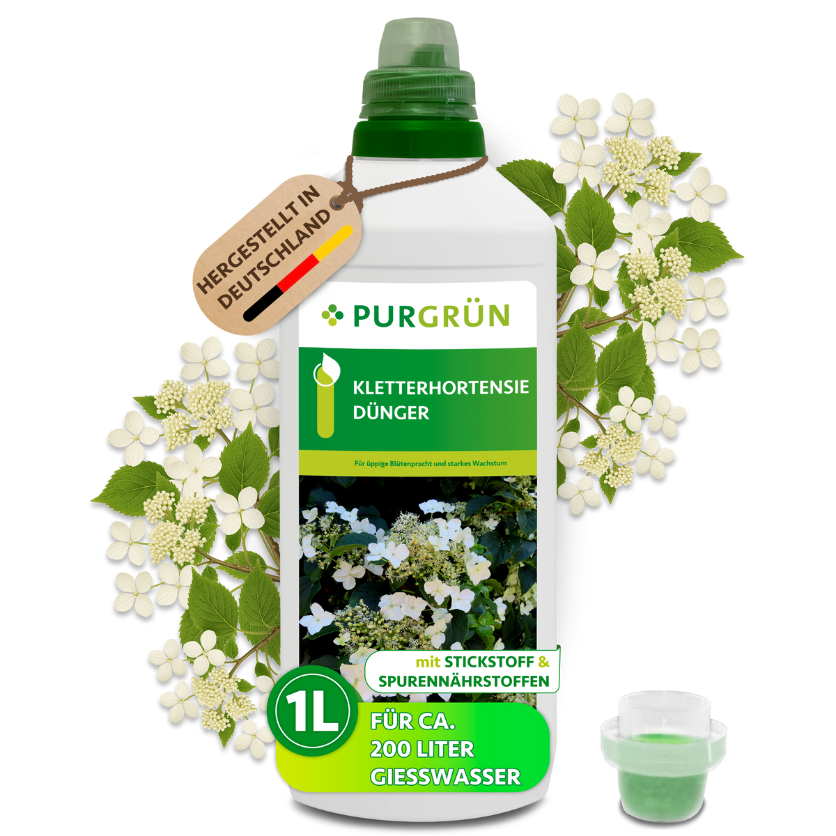 Purgrün Kletterhortensie-Dünger, 1 Liter, mit Dosierkappe; Konzentrat für ca. 200 Liter Gießwasser.