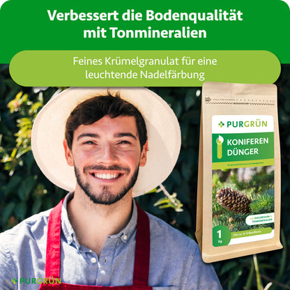 Tonmineralien verbessern die Bodenqualität; feines Krümelgranulat unterstützt eine leuchtende Nadelfärbung.