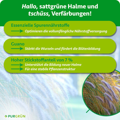 Essenzielle Spurennährstoffe optimieren die Nährstoffversorgung, Guano stärkt Wurzeln und Blütenbildung; 7 % Stickstoff unterstützen neue Halme und eine stabile Pflanzenstruktur.