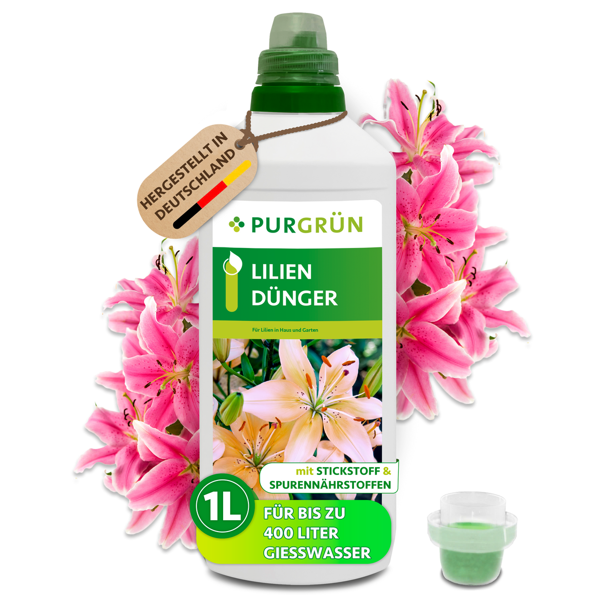 Purgrün Lilien-Dünger in der 1-Liter-Flasche mit Dosierkappe und pinken Lilien; reicht für bis zu 400 Liter Gießwasser.