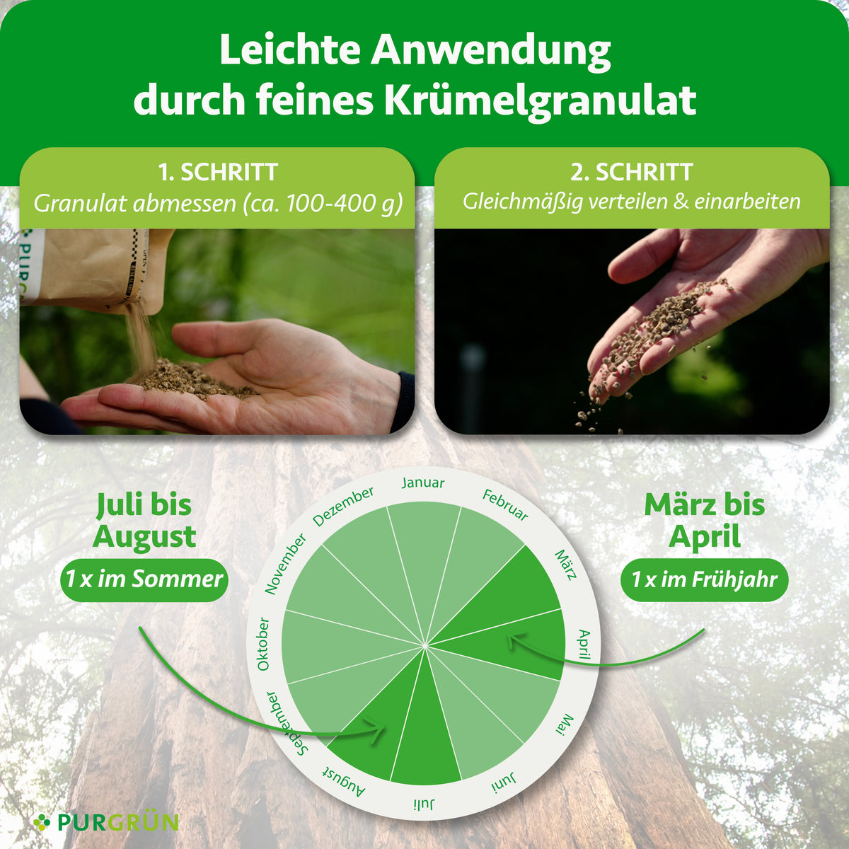 Anwendung: Granulat abmessen (ca. 100–400 g), dann gleichmäßig verteilen und einarbeiten. März bis April 1 x im Frühjahr und Juli bis August 1 x im Sommer düngen.