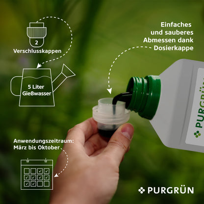 Eine Hand gießt Purgrün Bio-Petersilien-Dünger 1 Liter mit Vinasse und Algenextrakt aus der Flasche in den Dosierdeckel. Icons zeigen: 2 Deckel pro 5L, Anwendung März–Oktober, einfache Dosierung. Purgrün Logo sichtbar.