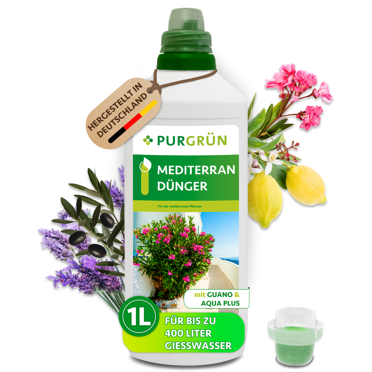 Purgrün Mediterran-Dünger im 1-Liter-Gebinde mit Dosierkappe, Guano und Aqua Plus, ausreichend für bis zu 400 Liter Gießwasser.