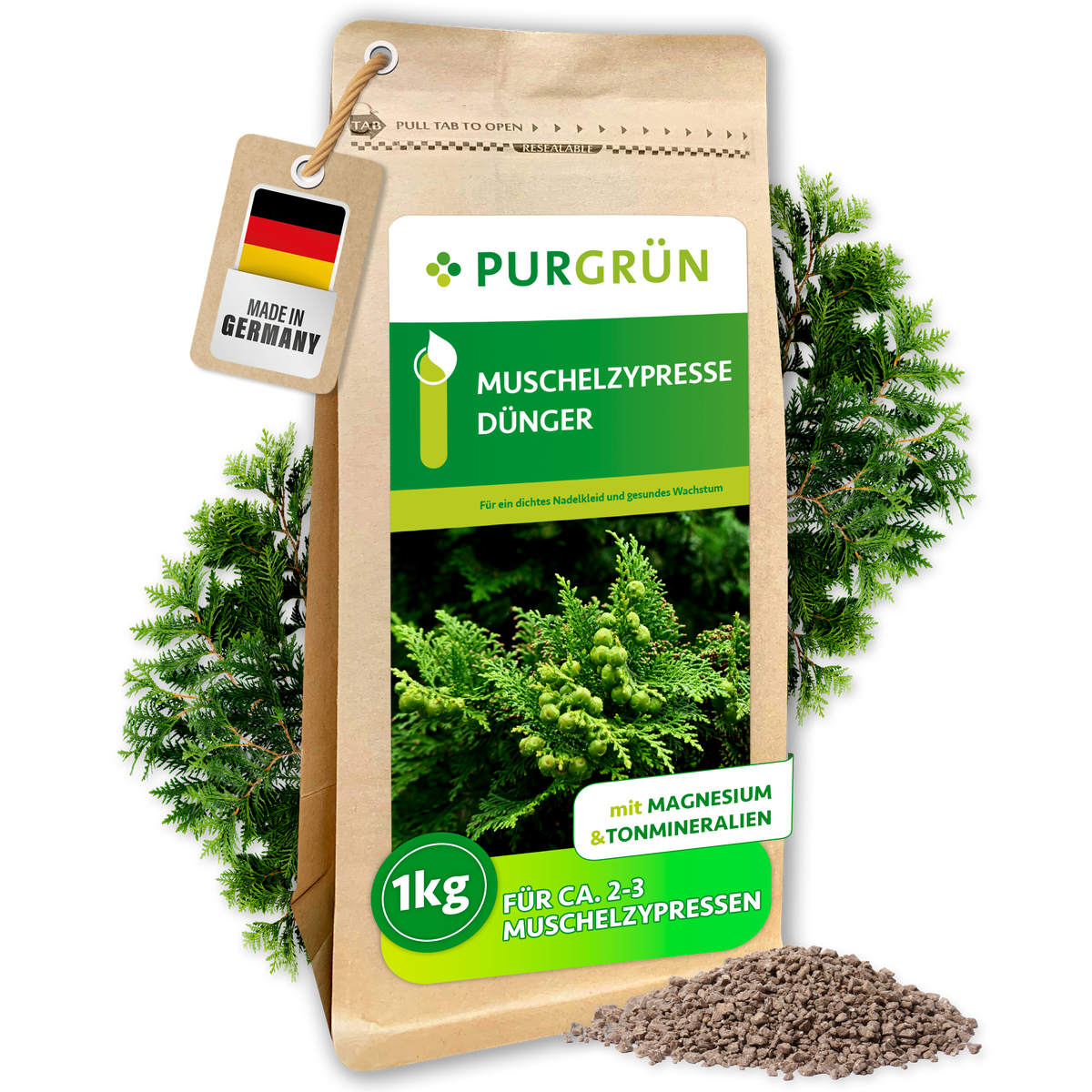 Purgrün Muschelzypresse-Dünger im 1-kg-Beutel mit feinem Granulat und grünen Muschelzypressenzweigen; ausreichend für ca. 2–3 Muschelzypressen.