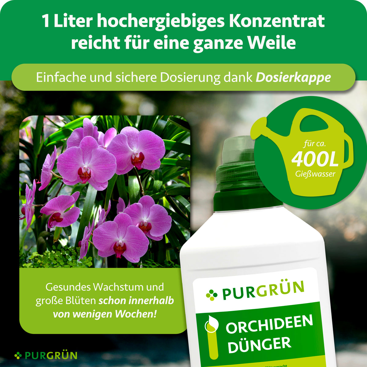 Ein Liter hochergiebiges Orchideendünger-Konzentrat mit Dosierkappe reicht für ca. 400 Liter Gießwasser.