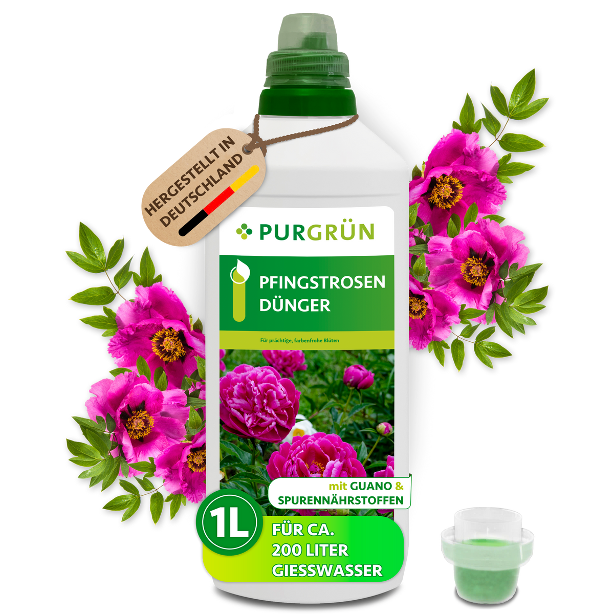 Purgrün Pfingstrosen-Dünger, 1 Liter, mit Dosierkappe für ca. 200 Liter Gießwasser, umrahmt von pinken Pfingstrosen.
