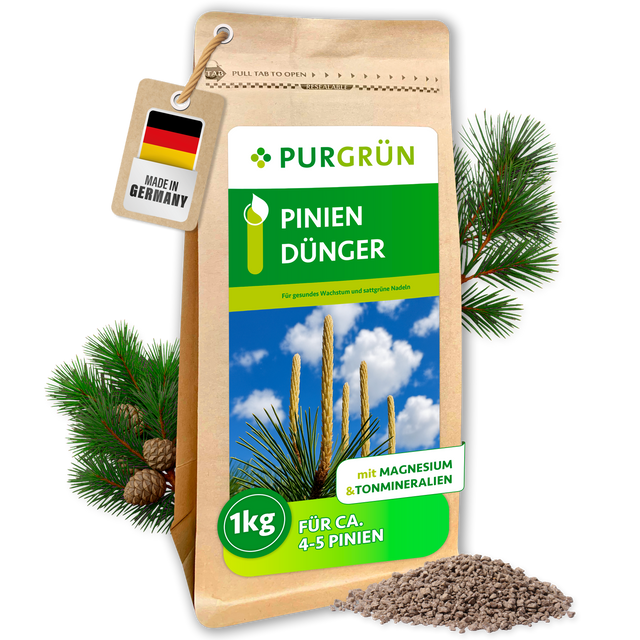 Purgrün Pinien-Dünger im 1-kg-Beutel mit Krümelgranulat, Magnesium und Tonmineralien; ausreichend für ca. 4–5 Pinien.