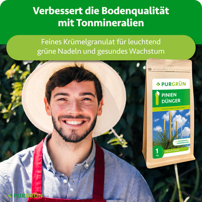 Lächelnder Gärtner neben dem Düngerbeutel; Tonmineralien verbessern die Bodenqualität, feines Krümelgranulat fördert leuchtend grüne Nadeln und gesundes Wachstum.