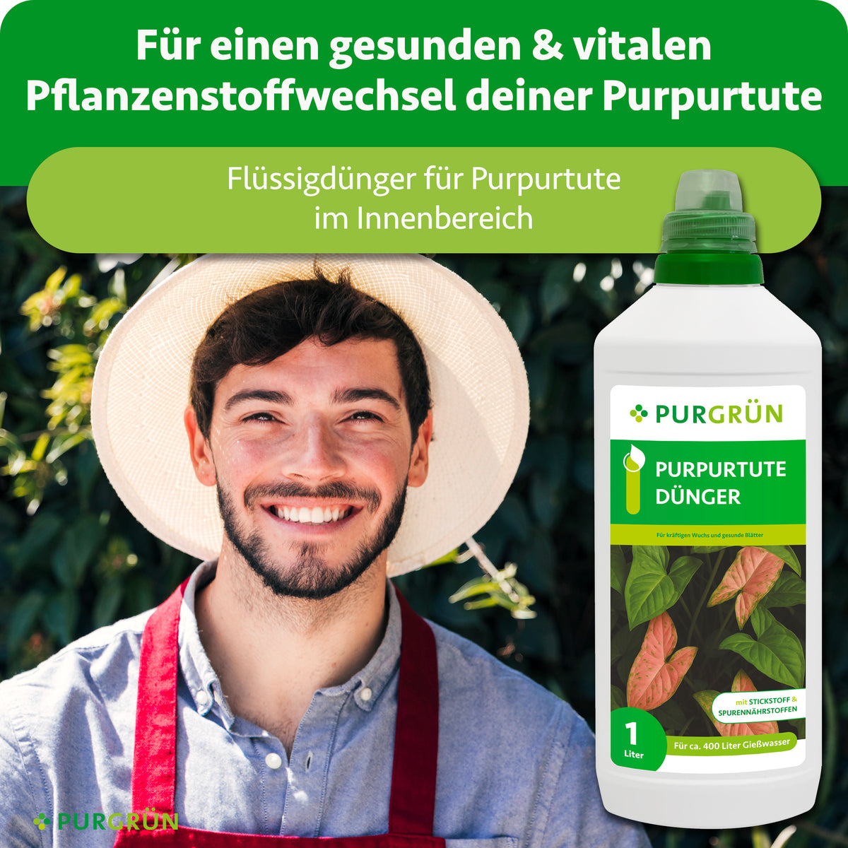 Purpurtute-Flüssigdünger für den Innenbereich, beworben für einen gesunden und vitalen Pflanzenstoffwechsel.
