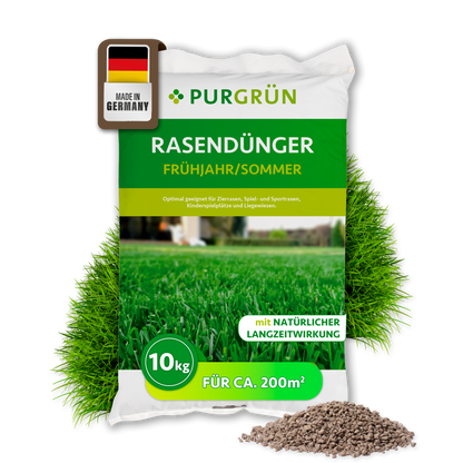 Purgrün Rasendünger Frühjahr/Sommer, 10 kg für ca. 200 m², mit natürlicher Langzeitwirkung.