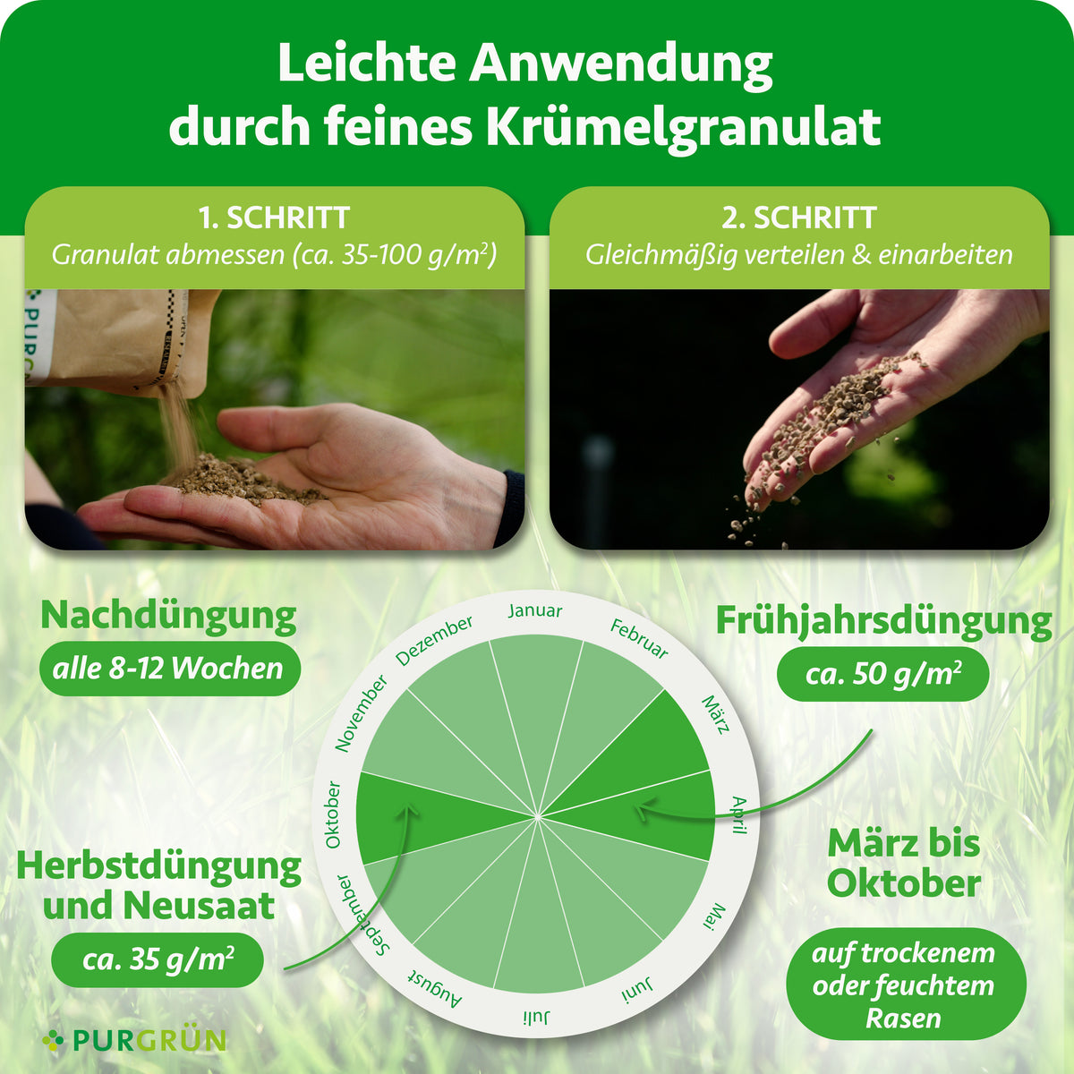 35–100 g/m² Granulat abmessen, gleichmäßig verteilen und einarbeiten. März bis Oktober: im Frühjahr ca. 50 g/m², im Herbst und bei Neusaat ca. 35 g/m², Nachdüngung alle 8–12 Wochen.