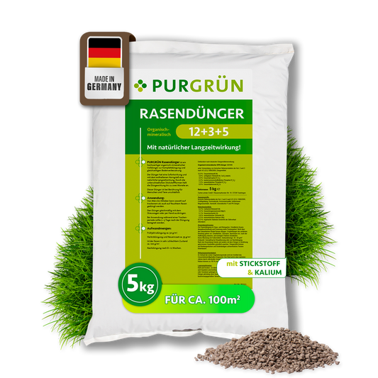 Purgrün Rasendünger im 5-kg-Sack, organisch-mineralisch mit NPK 12+3+5 und ausreichend für ca. 100 m².