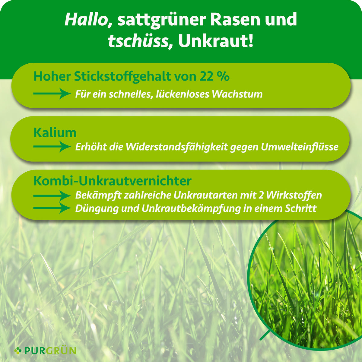 22 % Stickstoff fördern schnelles, lückenloses Wachstum, Kalium stärkt die Widerstandsfähigkeit und zwei Wirkstoffe bekämpfen zahlreiche Unkrautarten.