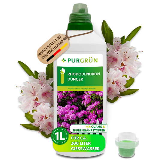 Purgrün Rhododendron-Dünger in der 1-Liter-Flasche mit Dosierkappe und Rhododendronblüten; reicht für ca. 200 Liter Gießwasser.