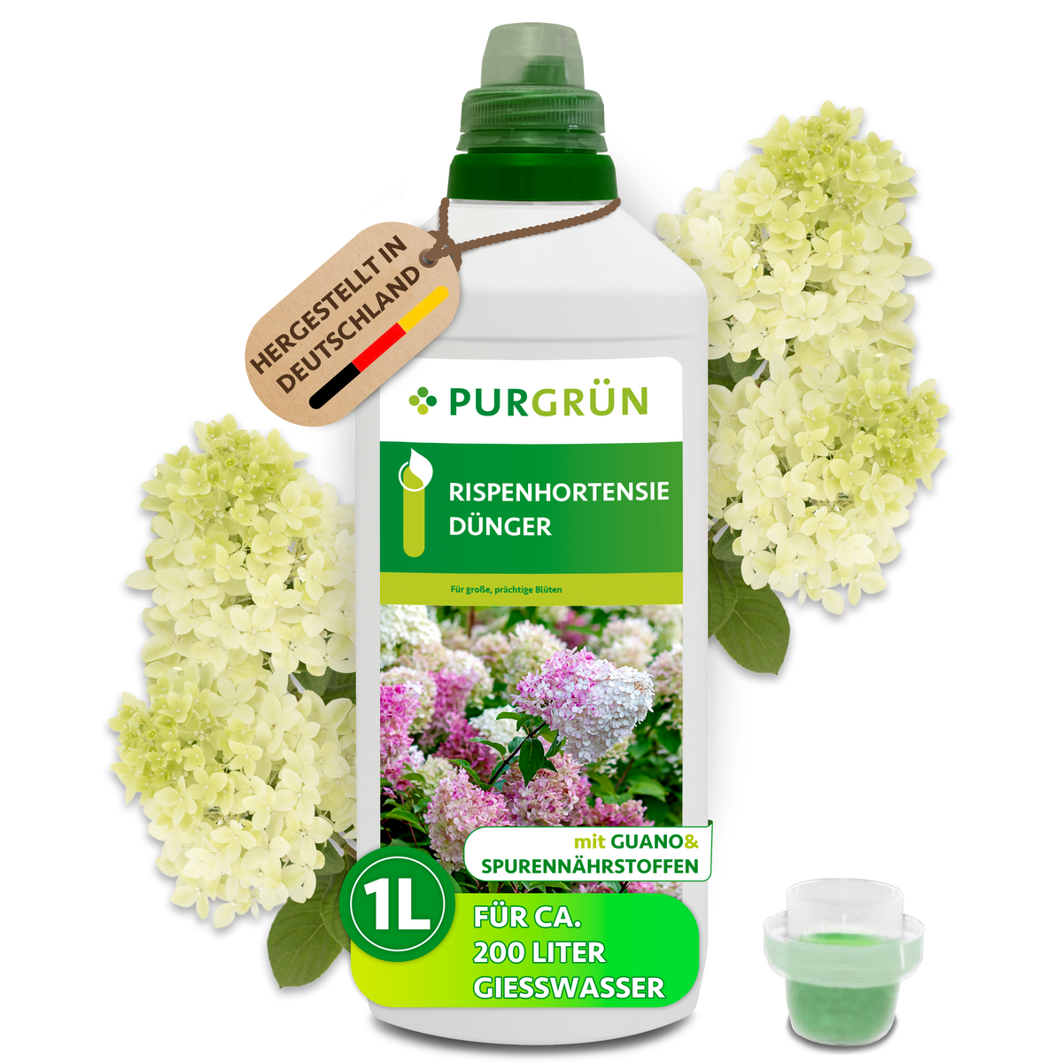 Purgrün Rispenhortensie-Dünger, 1 Liter, mit grüner Dosierkappe und cremeweißen Rispenhortensien; ausreichend für ca. 200 Liter Gießwasser.