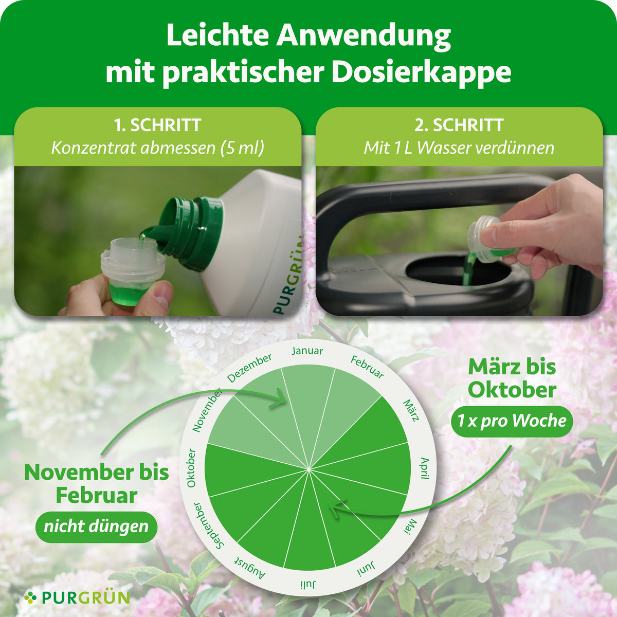 Anwendung: 5 ml Konzentrat abmessen und mit 1 L Wasser verdünnen; von März bis Oktober 1-mal pro Woche düngen, von November bis Februar nicht düngen.