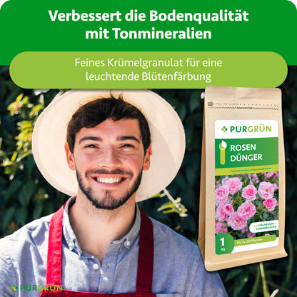 Purgrün Rosendünger verbessert laut Darstellung mit Tonmineralien die Bodenqualität; feines Krümelgranulat sorgt für eine leuchtende Blütenfärbung.